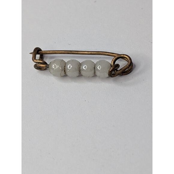 Antique Victorian Baby Pin w/ White Glass Beads – Handmade Brass Mini Pin - Picture 2 of 6